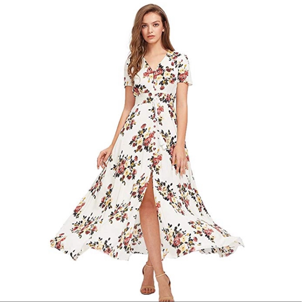 Floral button-up maxi dress.
